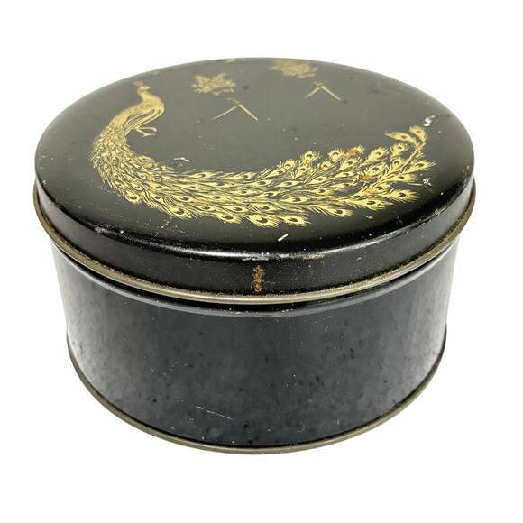 Vintage candy cookie biscuit tin black & gold peacock motif Art Deco storage - Picture 2 of 7